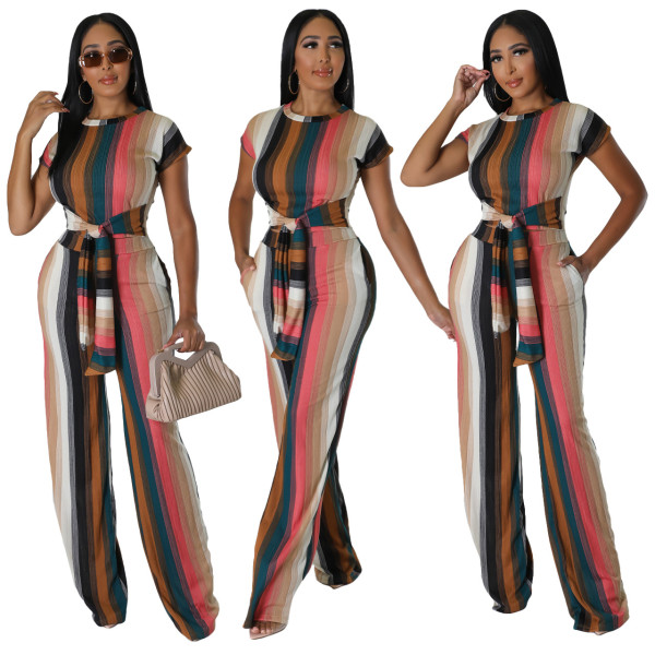 Women's Colorful Striped Print Fashion Short Sleeve Top Straight Pants Set