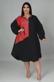 Women's Fall Winter Plus Size Loose Patchwork Contrast Elastic Balloon Sleeve Zip Dress