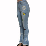 Women's Fringed Ripped Classic Print Butterfly Jeans Trousers