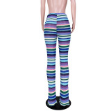 Women's Colorful Striped knitting Hollow Jacquard Fashion Pants Bell Bottom Pants