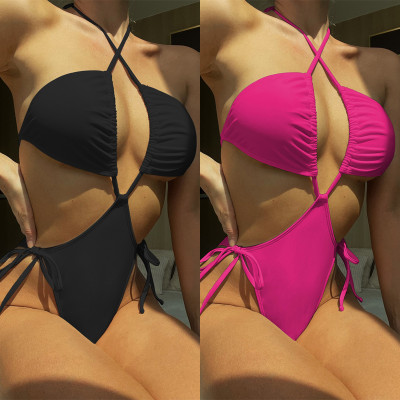One Piece Swimsuit Sexy Bikini Swimsuit Women's Solid Color Swimwear Lace-Up Bikini