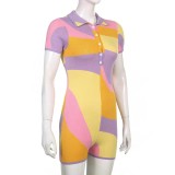 Women's Summer Multi-Color Contrast Tight Fitting Slim Fit V-Neck Cargo Rompers Women