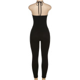 Summer Women'S Solid Color Keyhole Halter Neck Sleeveless High Waist Slim Jumpsuit