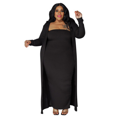 Fall Sexy Solid Color Plus Size Women'S Strapless Long Dress And Coat Two Piece Set
