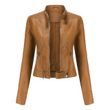 Spring Autumn Stand Collar Ladies Zip Thin Short Leather Coat