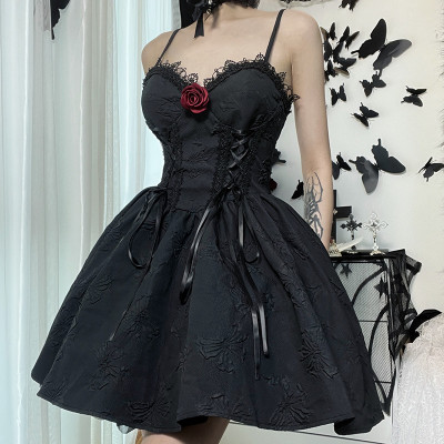 Summer Women'S Dark Style Flower Decoration Jacquard Low Back Slip A-Line Dress