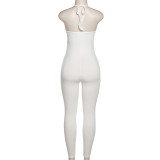 Summer Women'S Solid Color Keyhole Halter Neck Sleeveless High Waist Slim Jumpsuit