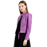 Spring Autumn Stand Collar Ladies Zip Thin Short Leather Coat