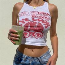 Women'S Summer Sleeveless Print Casual Round Neck Slim Cropped Tank Top