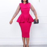 Elegant Career Mesh Long Sleeve Patchwork V-Neck Ruffled Pencil Peplum Dress