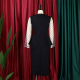 Elegant Career Mesh Long Sleeve Patchwork V-Neck Ruffled Pencil Peplum Dress