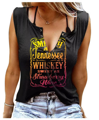 Women'S Summer Tank Top Letter Print V-Neck Sleeveless T-Shirt