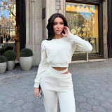 Fall Women'S Fashion Round Neck Long Sleeve T-Shirt Slim Casual Pencil Pants Two Piece Set