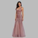 V Neck Sleeveless Shiny Patchwork Mesh Mermaid Plus Size Bridesmaid Evening Dress