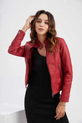 Women'S Leather Clothes Women'S Spring Autumn Coat Women'S Plus Size Stand Collar Slim Thin Leather Jacket
