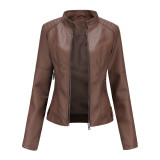 Women'S Leather Clothes Women'S Spring Autumn Coat Women'S Plus Size Stand Collar Slim Thin Leather Jacket