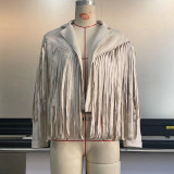 Women'S Autumn And Winter Turndown Collar Fringe Short Suede Leather Jacket