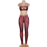 Summer Women'S Sexy Keyhole Mesh Camisole High Waist See-Through Print Pant Two Piece Set