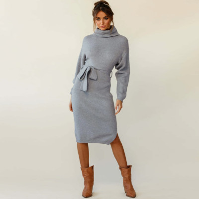 Fall Winter Ladies Sweater Turtleneck Basic Belted Knitting Dress