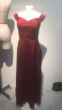 Women'S Off Shoulder V-Neck Solid Color Retro Long Evening Dress
