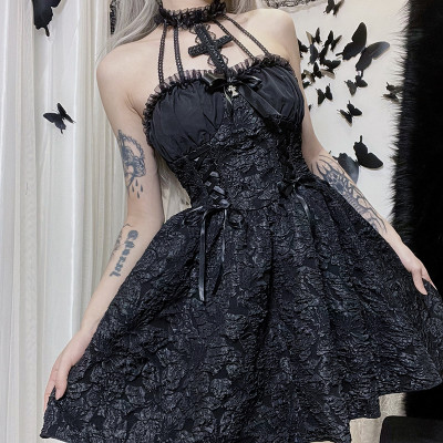 Halloween Women'S Dress Fall Style Cross Halter Neck Dark Tunic A-Line Dress