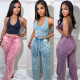 Women Casual Loose Print Elasticated High Waist Pocket Wide Leg Pants