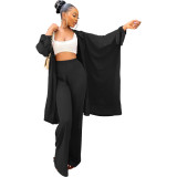Women Casual Solid Loose Tie Long Sleeve Robe + Wide Leg Pants Two Piece