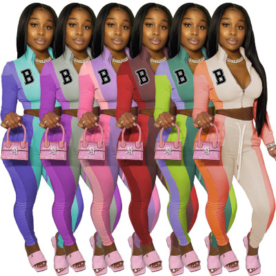 Women Casual Color Contrast Letter B Print Zip Long Sleeve Top+ Pants Two Piece