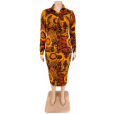 Plus Size Women Fall Long Sleeve Print Midi Dress