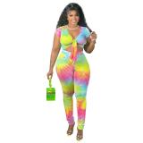 Plus Size Women Tie Dye Gradient Print Lace Up Sexy Crop Top+ Pant Two Piece