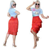 Women High Waist Patchwork Fringe Skirt