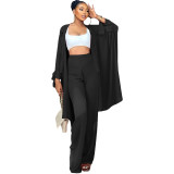 Women Casual Solid Loose Tie Long Sleeve Robe + Wide Leg Pants Two Piece