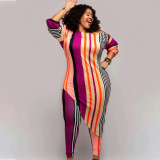 Plus Size Women Casual Print Stripe Two Piece