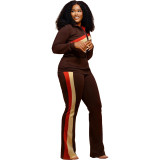 Women Casual Contrast Striped Sports Long Sleeve Top+ Pants Two Piece