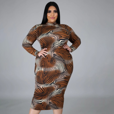 Plus Size Women Long Sleeve Leopard Bodycon Dress