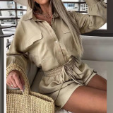 Women Buttoned Long Sleeve Shirt + Drawstring Shorts Casual Two Piece