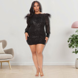 Plus Size Women Fall Long Sleeve Sequin Bodycon Dress