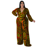 Plus Size Women Fall Print Long Sleeve Jumpsuit