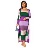 Plus Size Women Ribbed Print Colorblock Dress + Long Coat