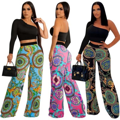 Women Casual Slash Shoulder Long Sleeve Top + Print Pant Two Piece