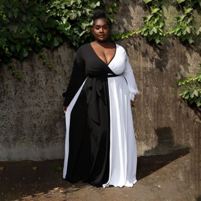 Plus Size Women Sexy V-Neck Contrast Long Sleeve Maxi Dress