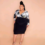 Plus Size Women Long Sleeve V-Neck Sexy Print Bodycon Dress