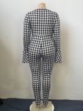 Plus Size Women Sexy V-Neck Houndstooth Print Zip Jumpsuit