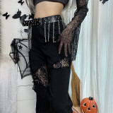 Women Fall Gothic Punk Lace Patchwork Bell Bottom Pants