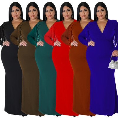 Plus Size Women Solid Color Long Sleeve Fringe Deep V Neck Dress
