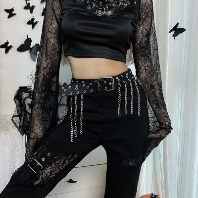 Women Fall Gothic Punk Lace Patchwork Bell Bottom Pants