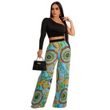 Women Casual Slash Shoulder Long Sleeve Top + Print Pant Two Piece