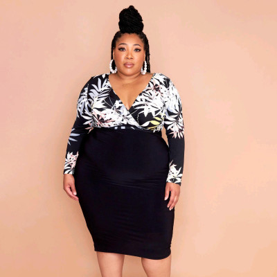 Plus Size Women Long Sleeve V-Neck Sexy Print Bodycon Dress