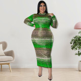Plus Size Fall Women Long Sleeve Striped Print Dress