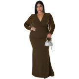 Plus Size Women Solid Color Long Sleeve Fringe Deep V Neck Dress